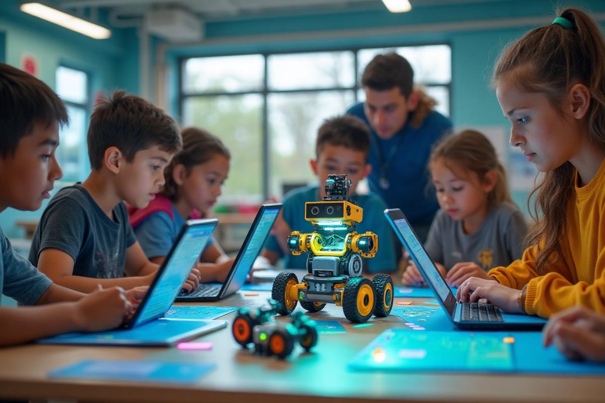 Estudiantes de diferentes edades aprendiendo robótica, programación e informática en la academia Elite Brain de Estepona, trabajando con tecnología en grupos reducidos
